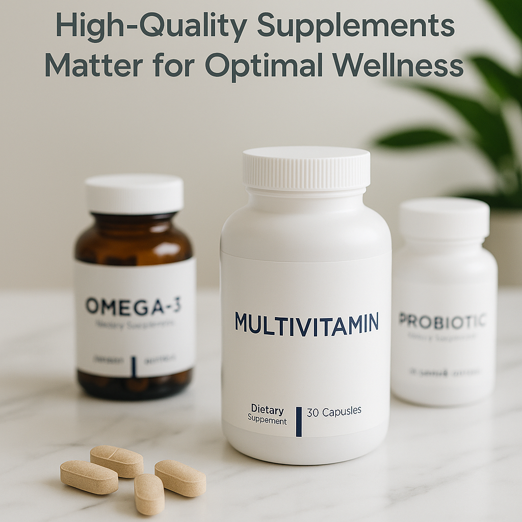 Three supplement bottles labeled Multivitamin, Omega-3, and Probiotic on a marble counter with green plant in background and text overlay "High-Quality Supplements Matter for Optimal Wellness"