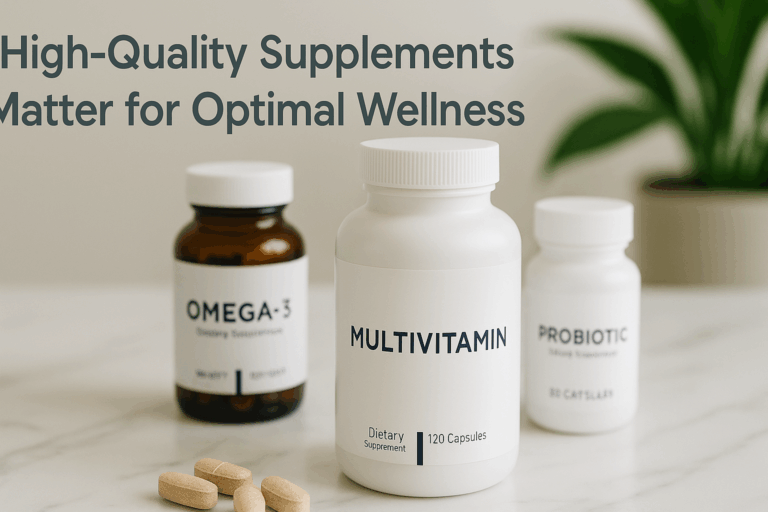 Three supplement bottles labeled Multivitamin, Omega-3, and Probiotic on a marble counter with green plant in background and text overlay "High-Quality Supplements Matter for Optimal Wellness"
