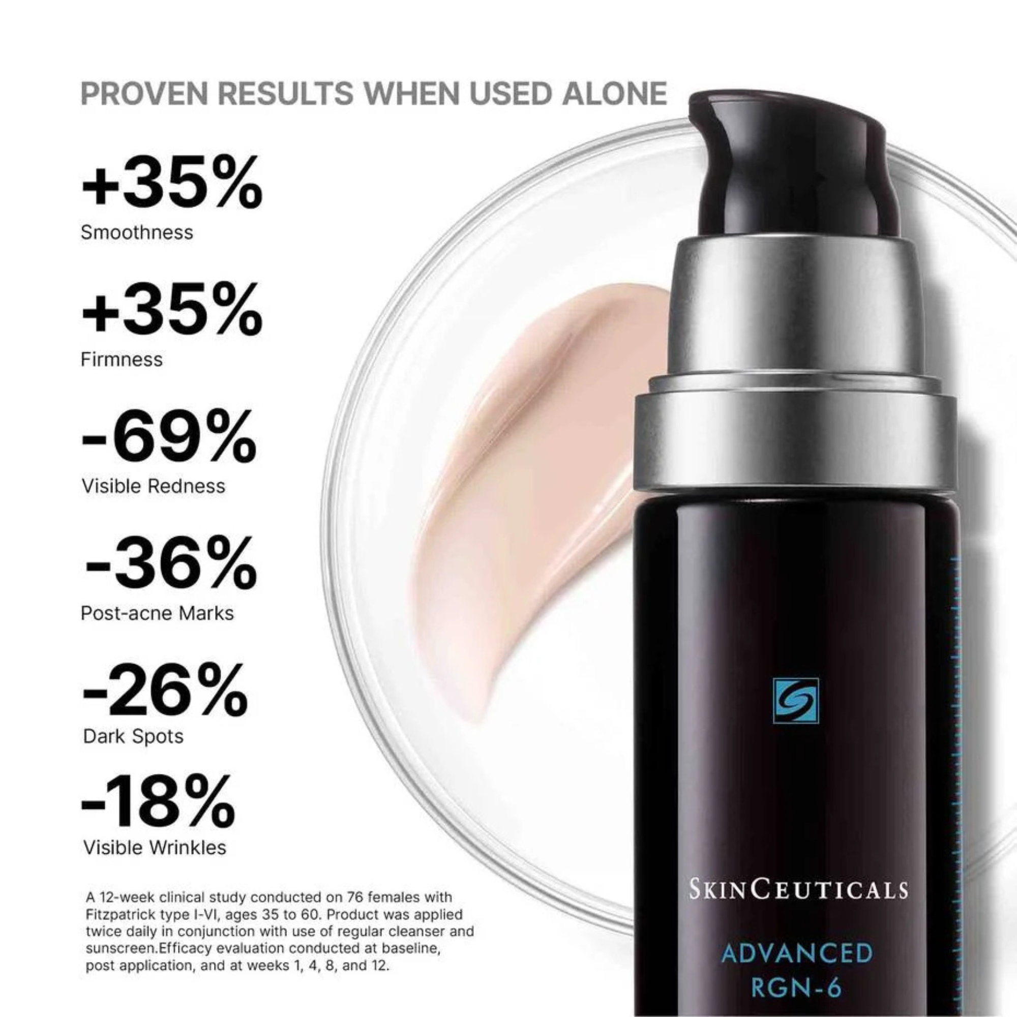 Close-up of SkinCeuticals Advanced RGN-6 cream promoting skin regeneration, reduced redness, smoother texture, and improved radiance after in-office treatments.