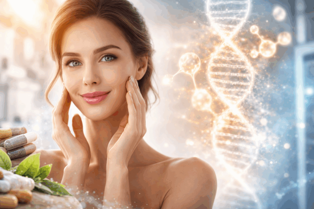 Woman with glowing healthy skin representing collagen stimulation and hormone optimization for skin rejuvenation treatments in Santa Barbara.