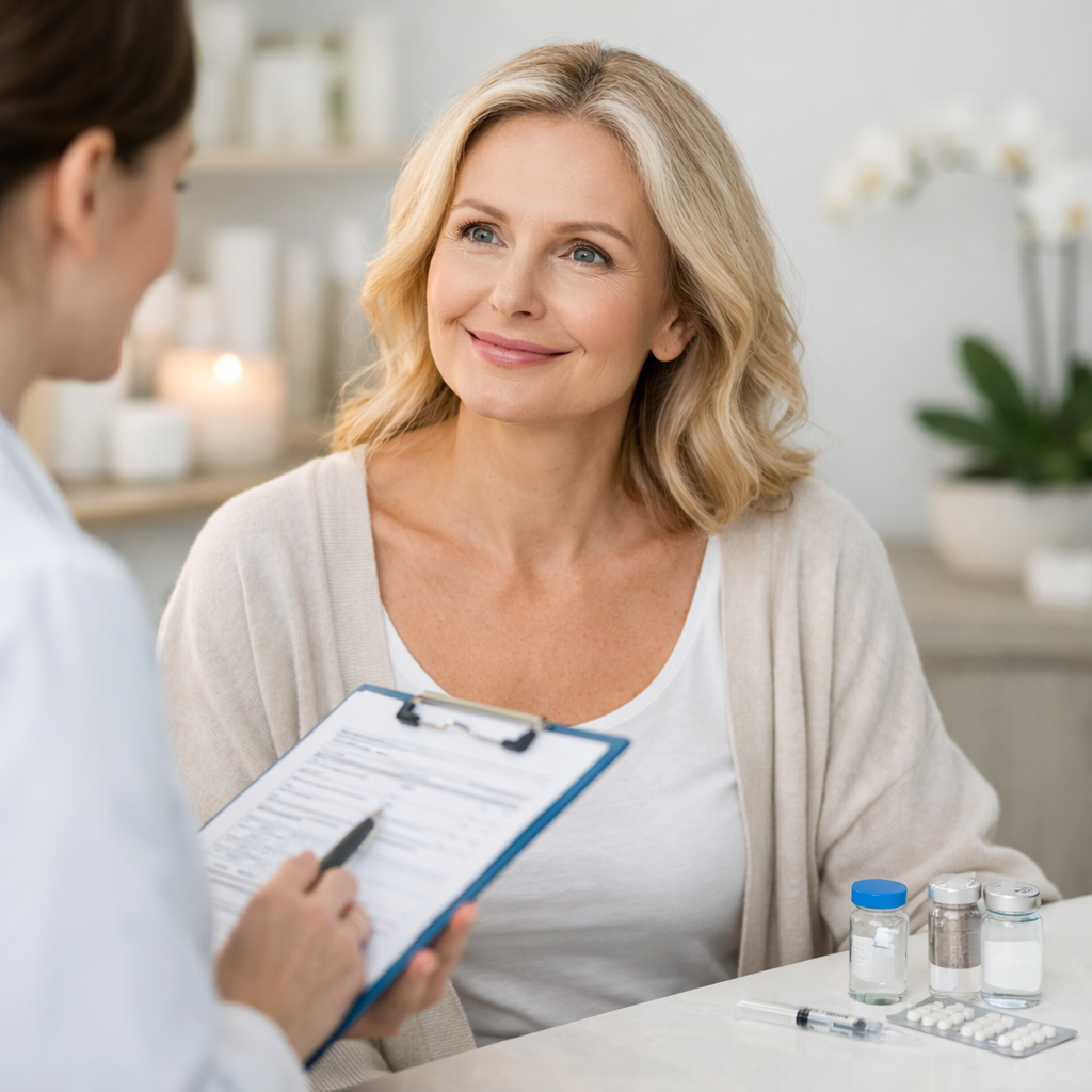 Woman discussing testosterone therapy for women with a medical provider at MiraMed and Day Spa in Santa Barbara during a hormone consultation.