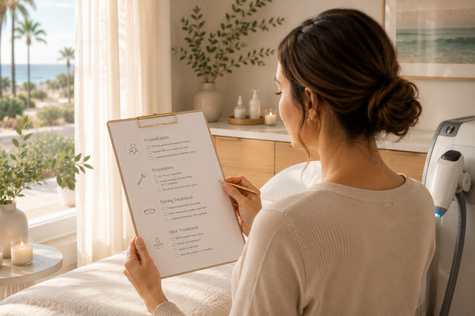 Woman reviewing a laser hair removal consultation checklist in a bright spa room.